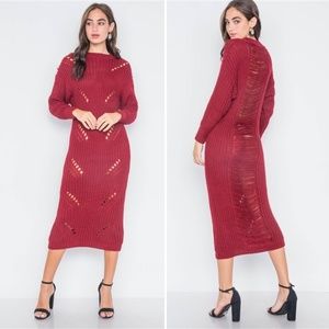 Chunky Distressed Midi Sweater Dress | Burgundy